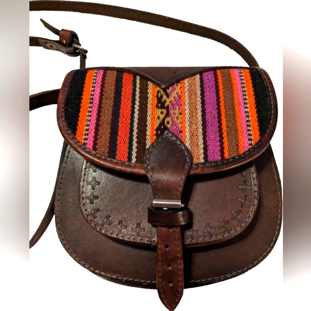 Dark Brown Leather Western Woven Boho Flap Saddle Crossbody Shoulder Purse Bag